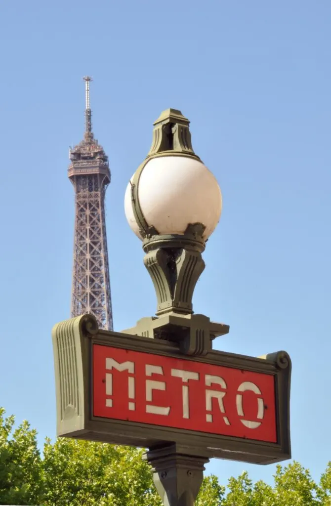 Metro Sign in Paris with the Eiffel Tower in the background