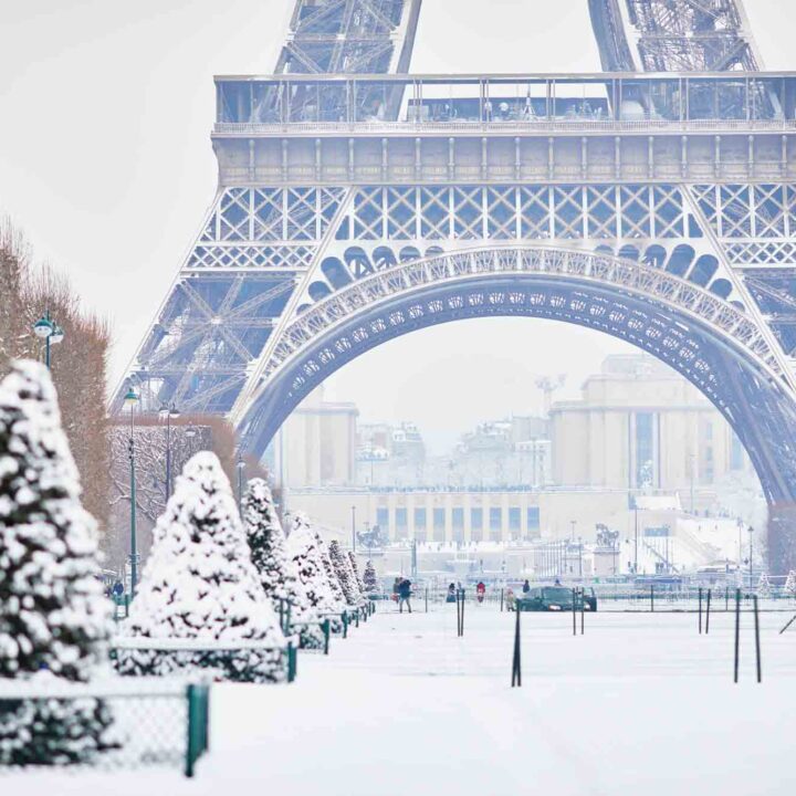 Scenic view to the Eiffel tower on a snowy winter day