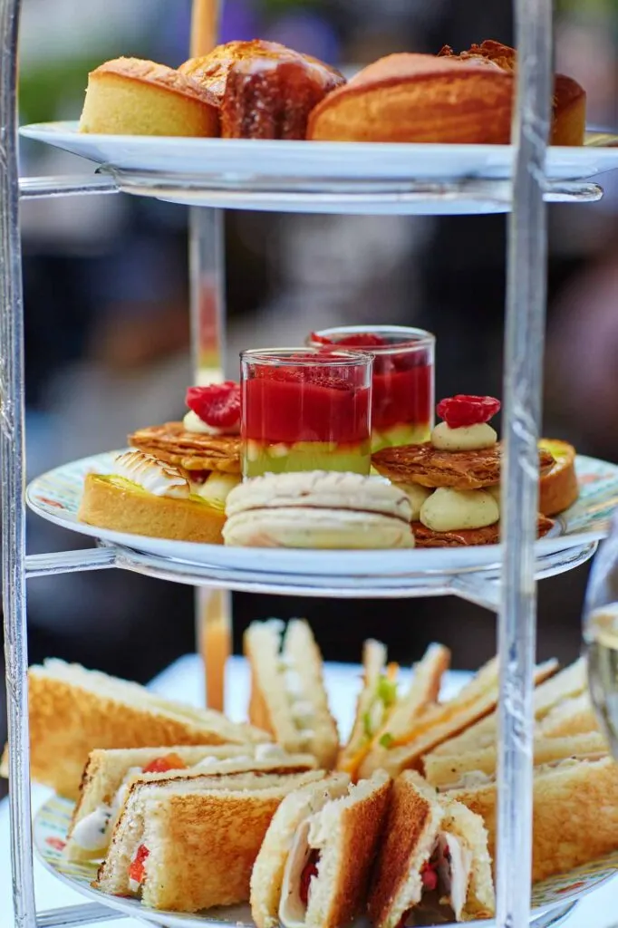 Pastries on trays for an afternoon tea in Paris