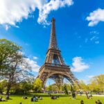 Eiffel Tower on a sunny day while people picnic on the Champ de Mars