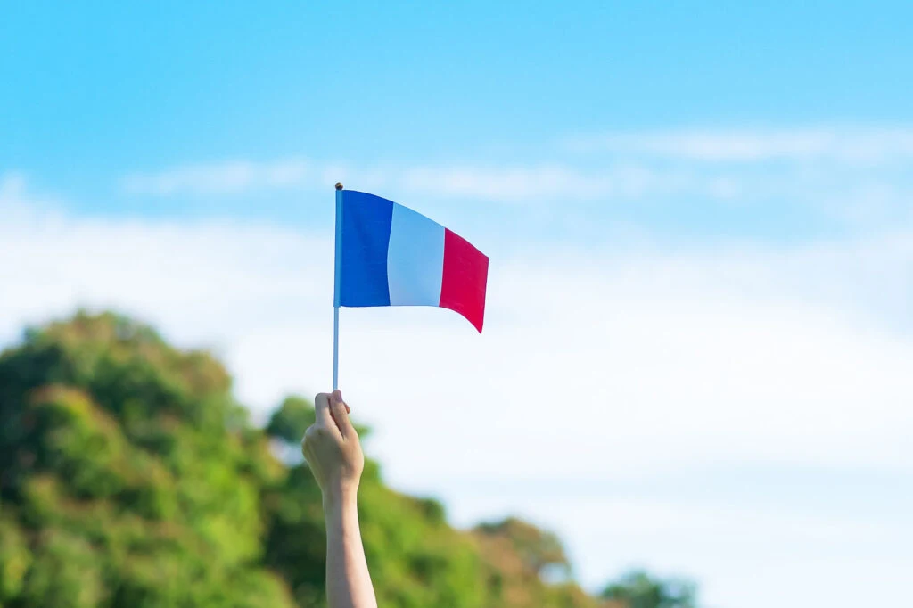 Hand holding French flag on blue sky background
