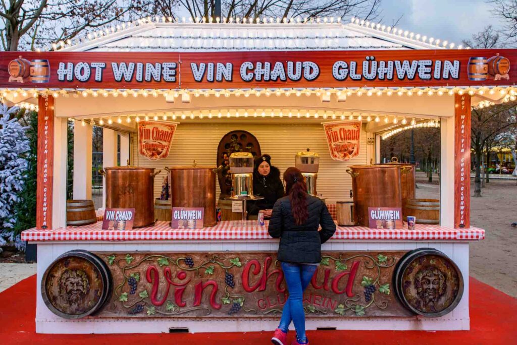 Hot wine (vin chaud) stall in Christmas market in Tuileries Gardens