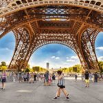 Tourists walking under Eiffel tower