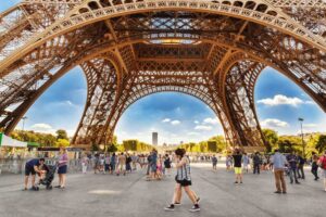 Tourists walking under Eiffel tower
