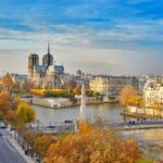 Scenic view of Notre-Dame de Paris with Saint-Louis and Cite islands on a bright fall day
