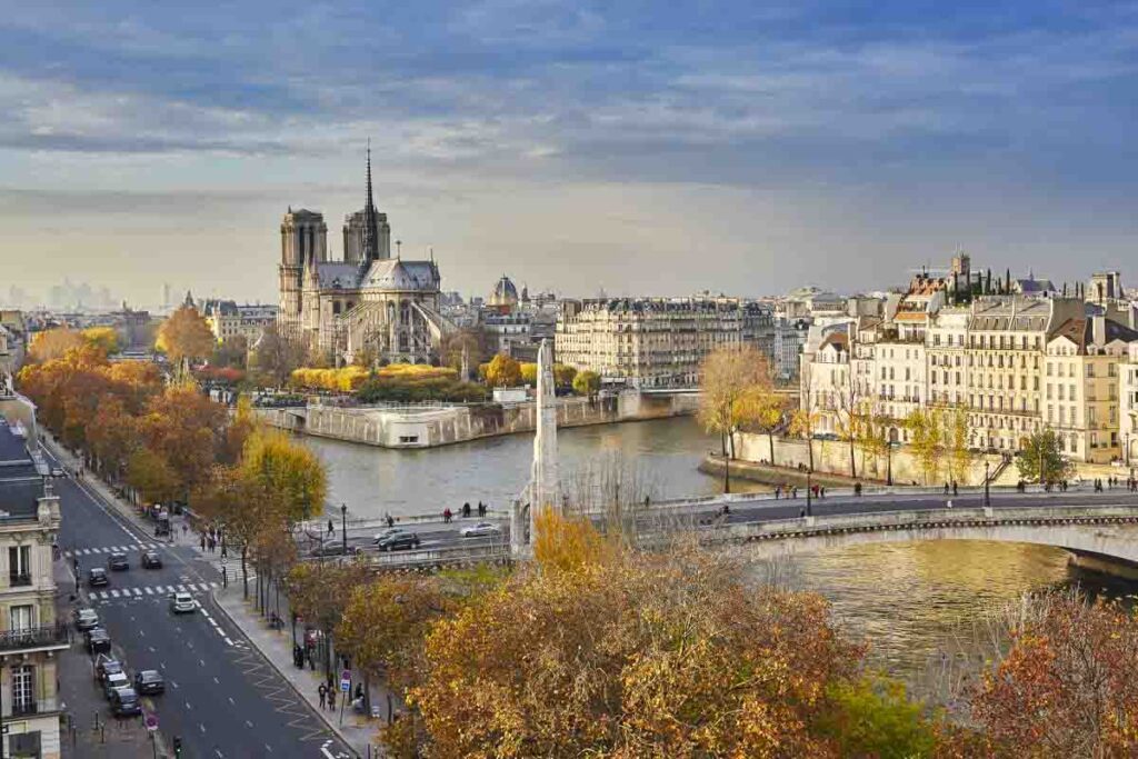 Panoramic view of Notre Dame in Paris during Fall