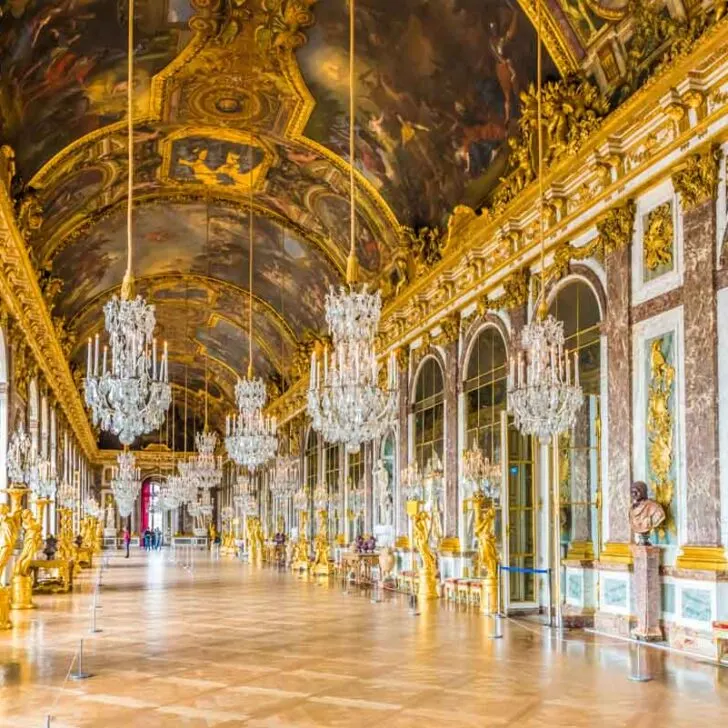 The extravagant Hall of Mirrors in the Royal Palace of Versailles